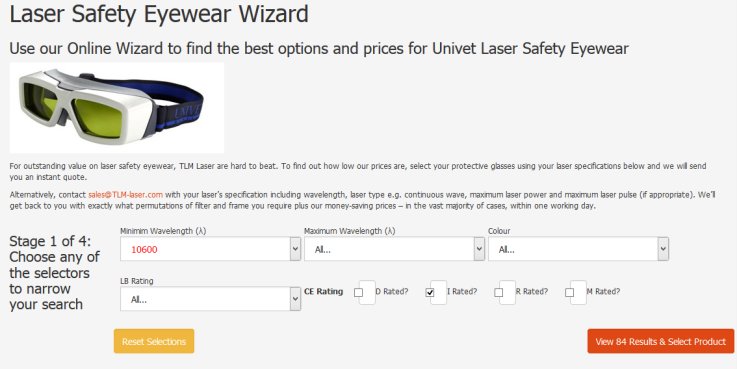 Laser Safety Eyewear Wizard page